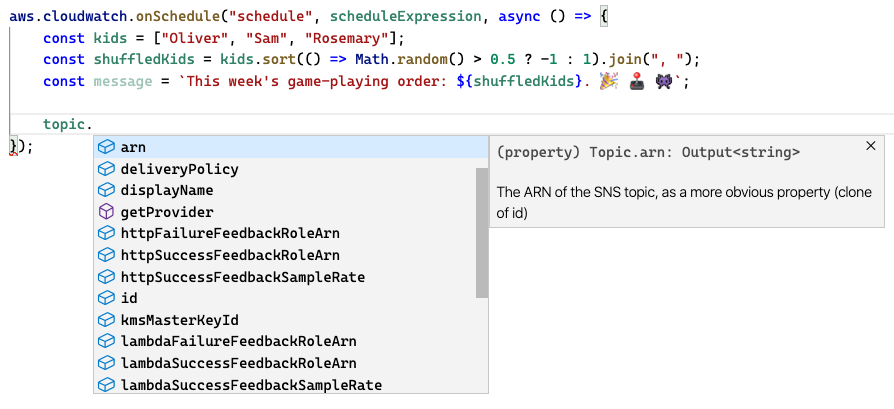Figure 2.2: Inspecting the SNS Topic instance with Visual Studio Code, but finding no publish method. Hmm.
