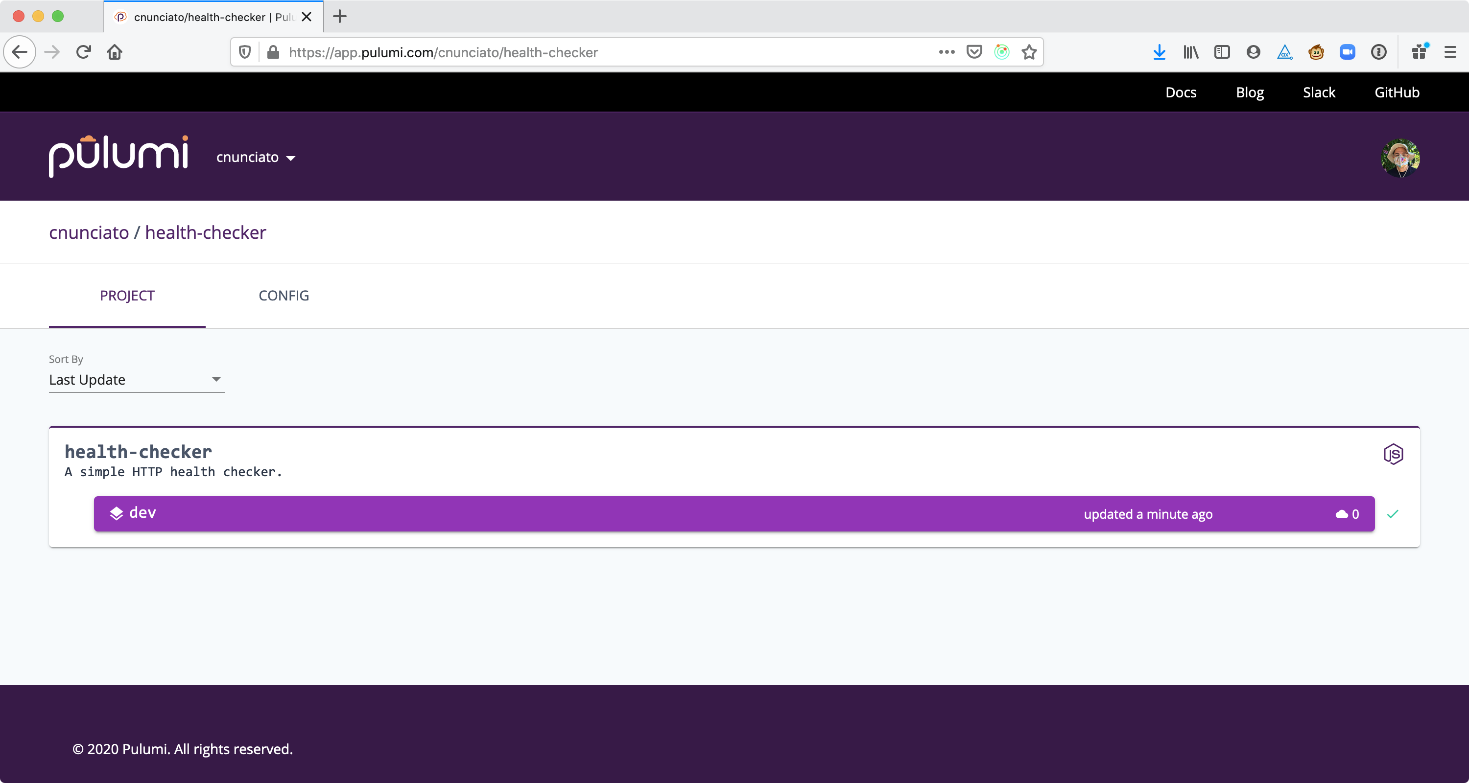 Figure 3.3: The health-checker's first stack, dev, currently managing zero cloud resources.