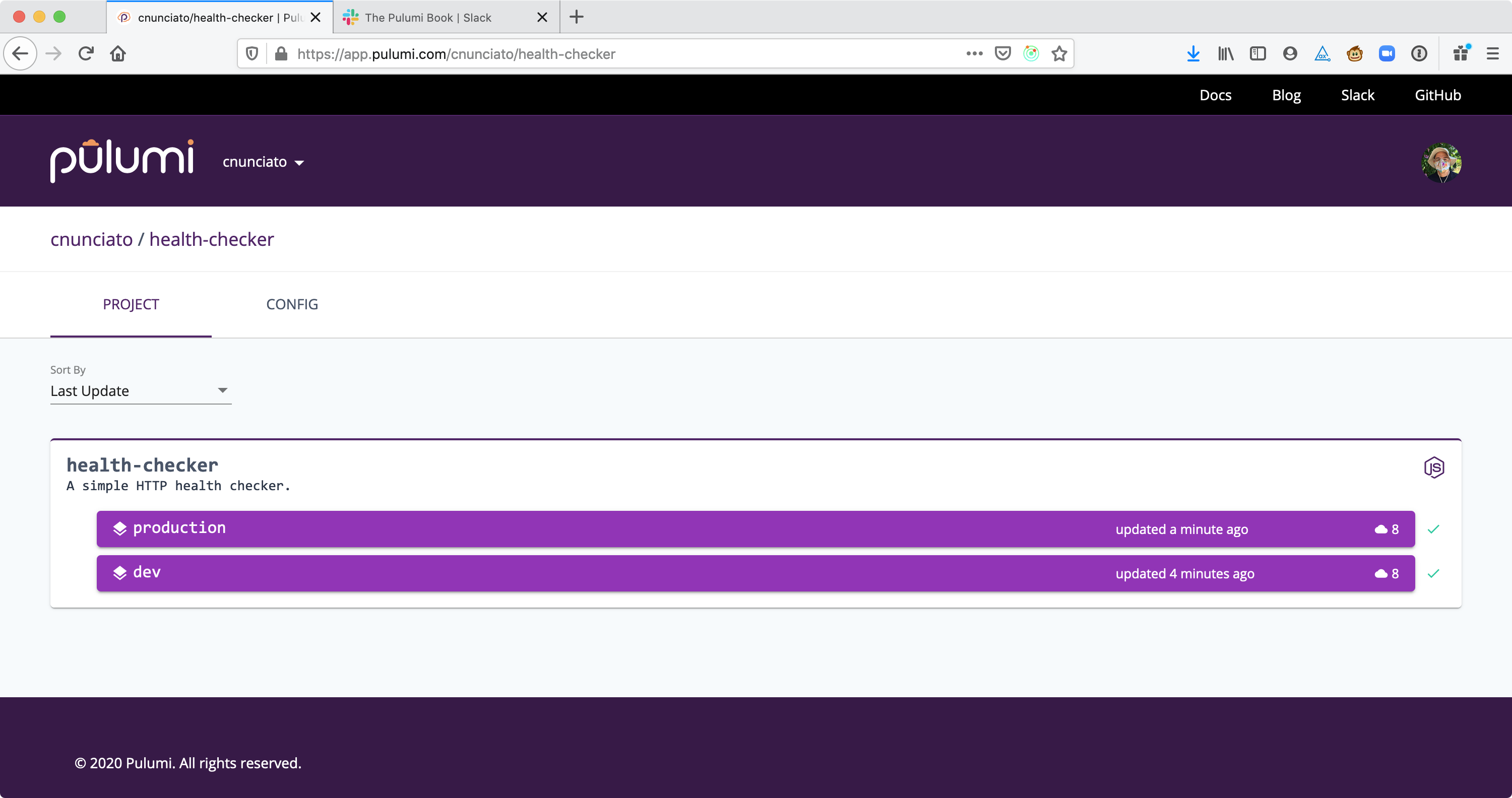 Figure 3.9: The health-checker application containing two stacks: one for dev, another for production.
