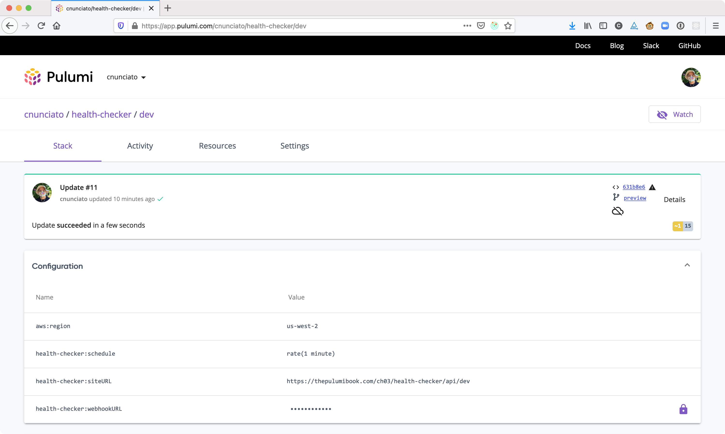 Figure 4.3: The updated configuration of the dev stack, showing webhookURL applied as a secret.