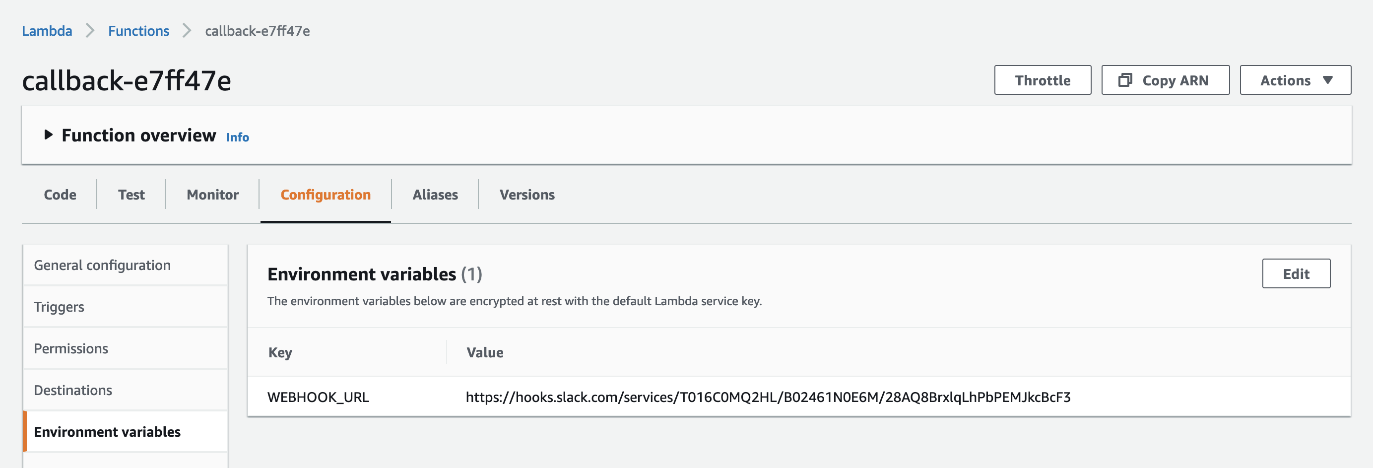 Figure 4.9: The Webhook URL exposed as an environment variable in the AWS Console.