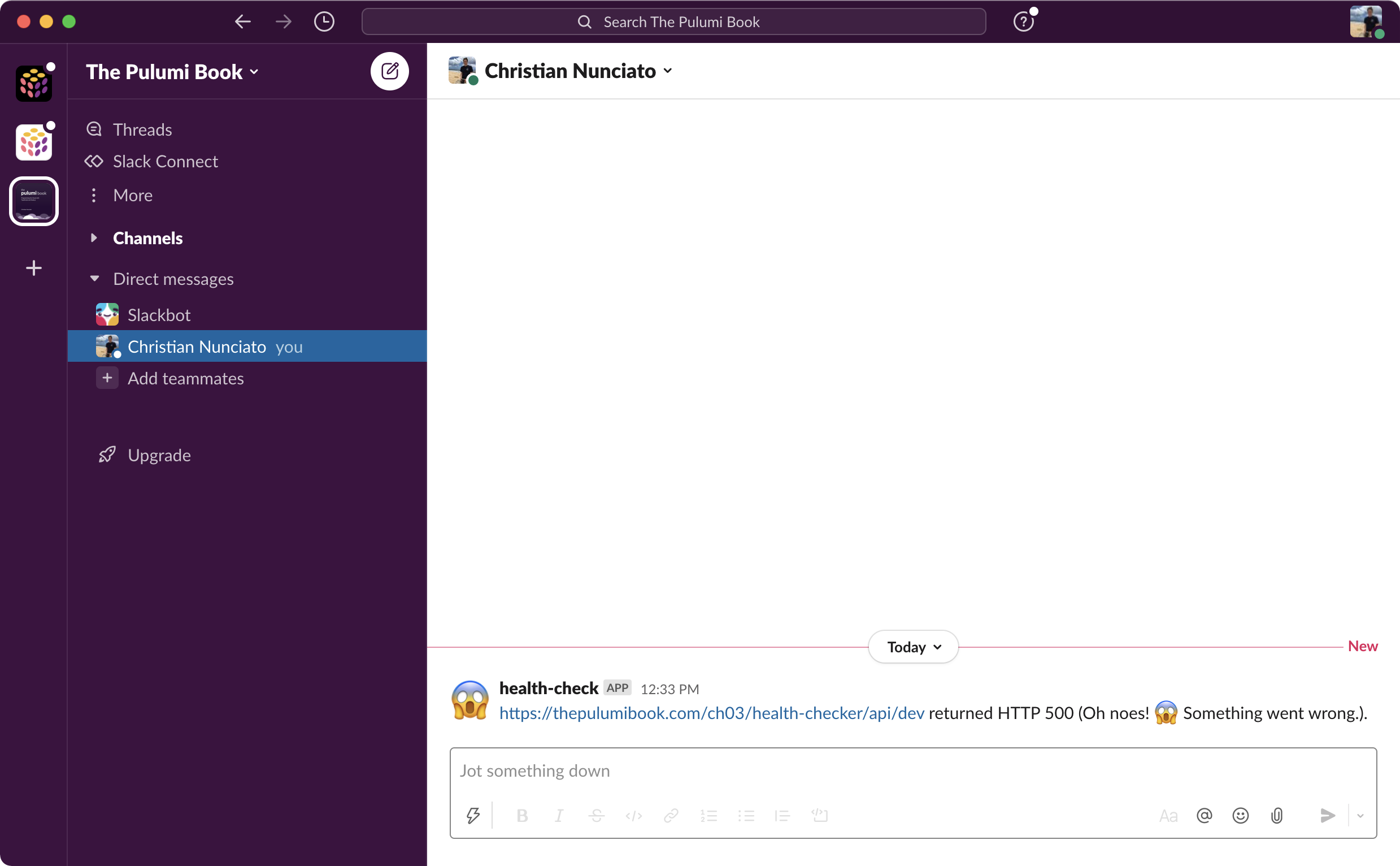 Figure 4.8: Health-check failure notifications in Slack for the dev stack.