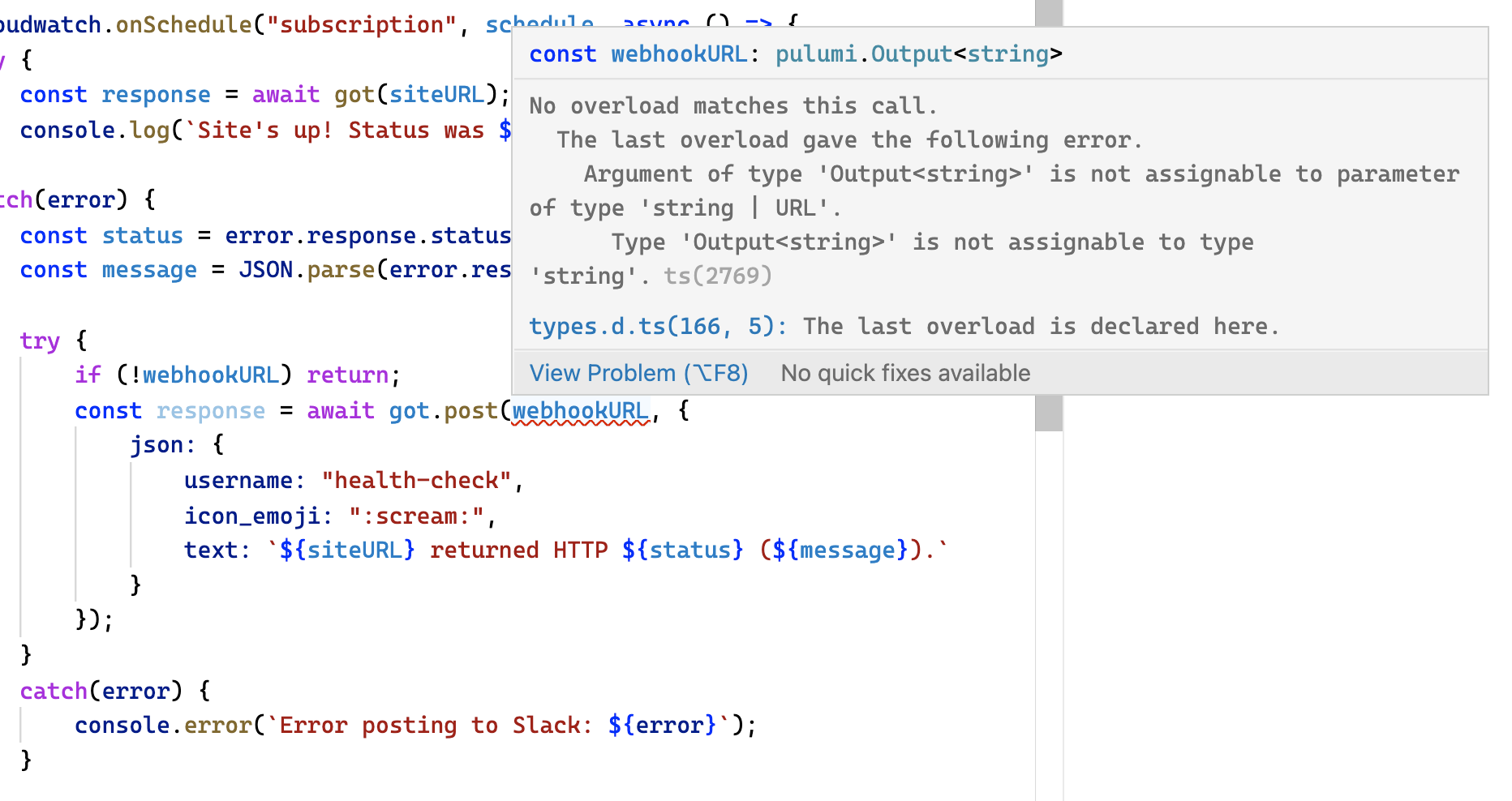 Figure 4.4: Type `string` is apparently not assignable to type `Output<string>`.